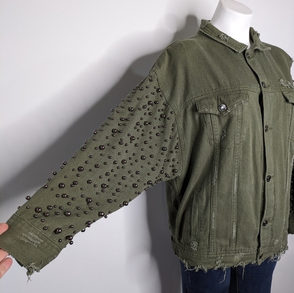 Sunset + Spring green denim grey bead boho oversized jean jacket L - Picture 3 of 5